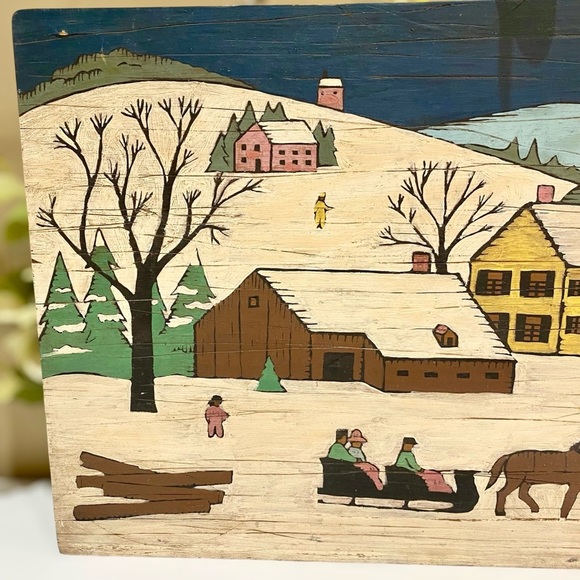 Vintage Folk Art Sleigh Ride Painting on Board 16 x 12 American Snow Horse Farm - Picture 4 of 11